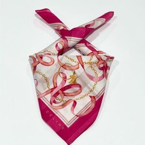 Celine Fuchsia and Gold Chain Print mini scarf Art ribbon Pink 19.5”
